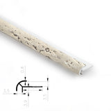 3mm aluminum outside corner trim holding a beige stone-pattern wall panel edge beside a profile diagram