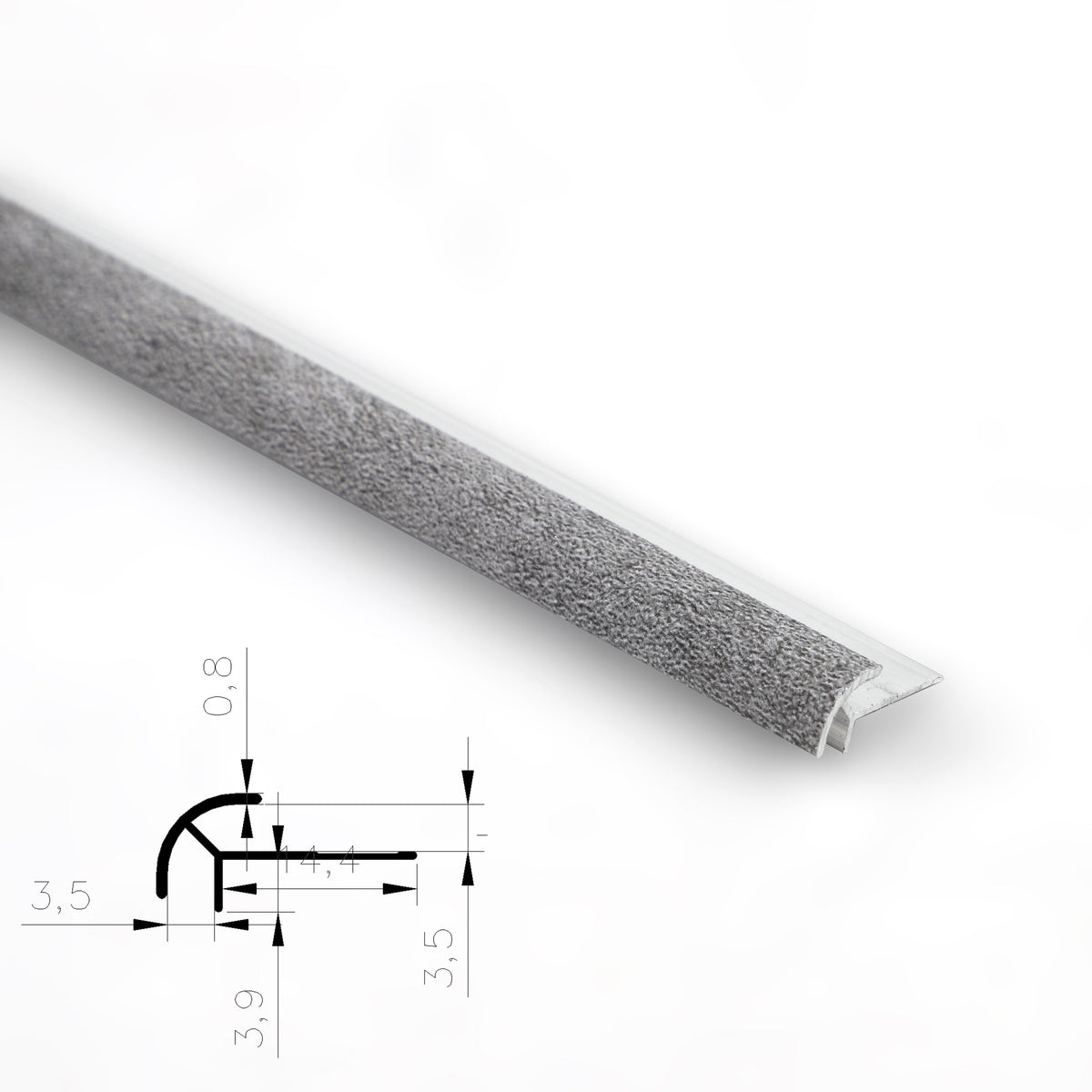 3mm aluminum outside corner trim holding a gray textured wall panel edge beside a profile diagram