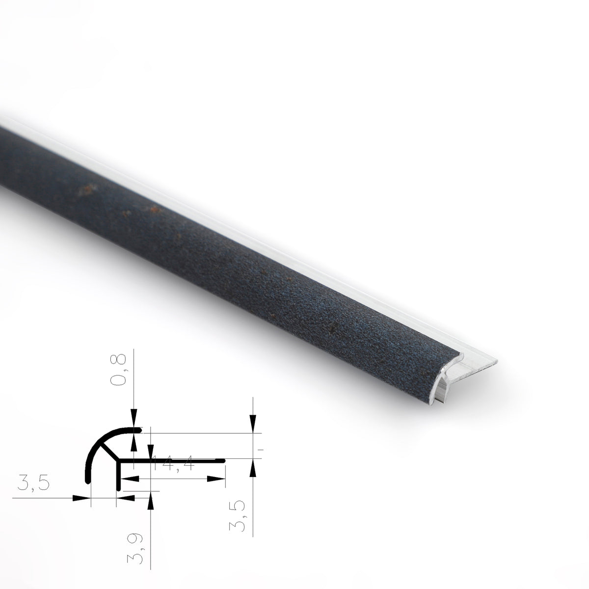 3mm aluminum outside corner trim holding a dark textured wall panel edge beside a profile diagram