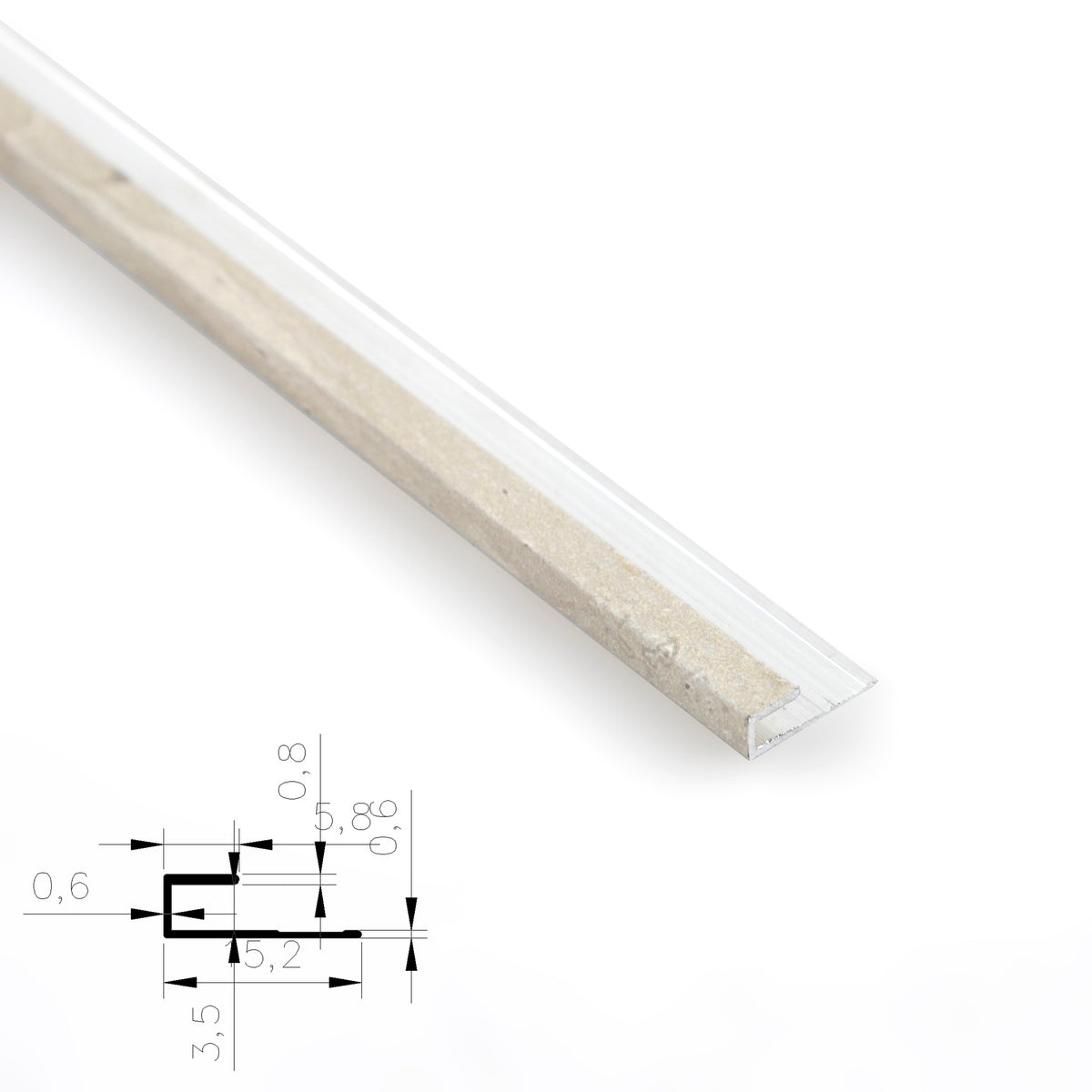 Light beige 3mm aluminum end cap trim profile close-up with technical cross-section diagram