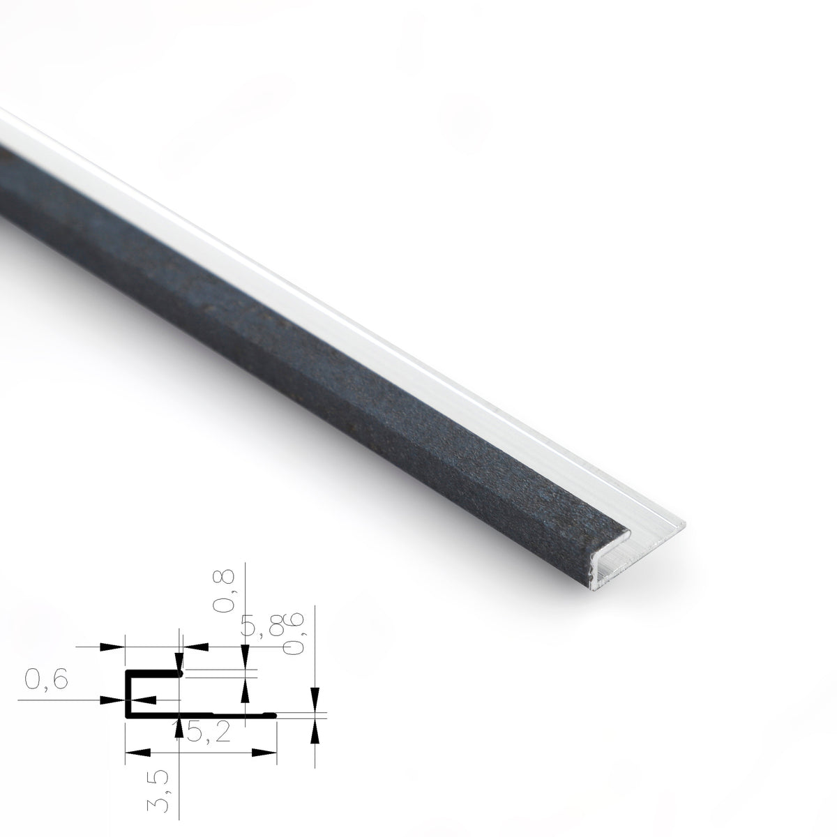 Black 3mm aluminum end cap trim profile close-up with technical cross-section diagram