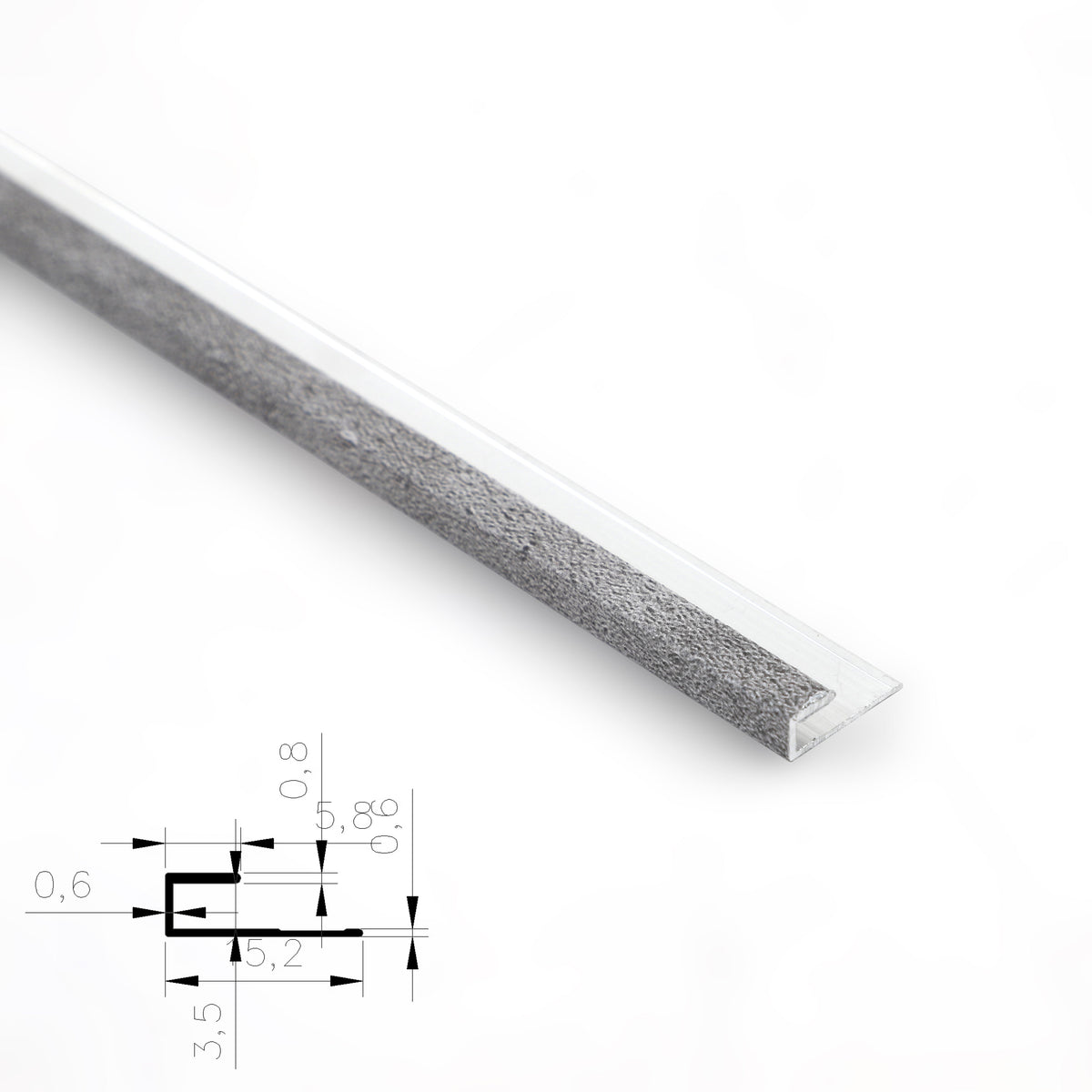 Gray 3mm aluminum end cap trim profile close-up with technical cross-section diagram