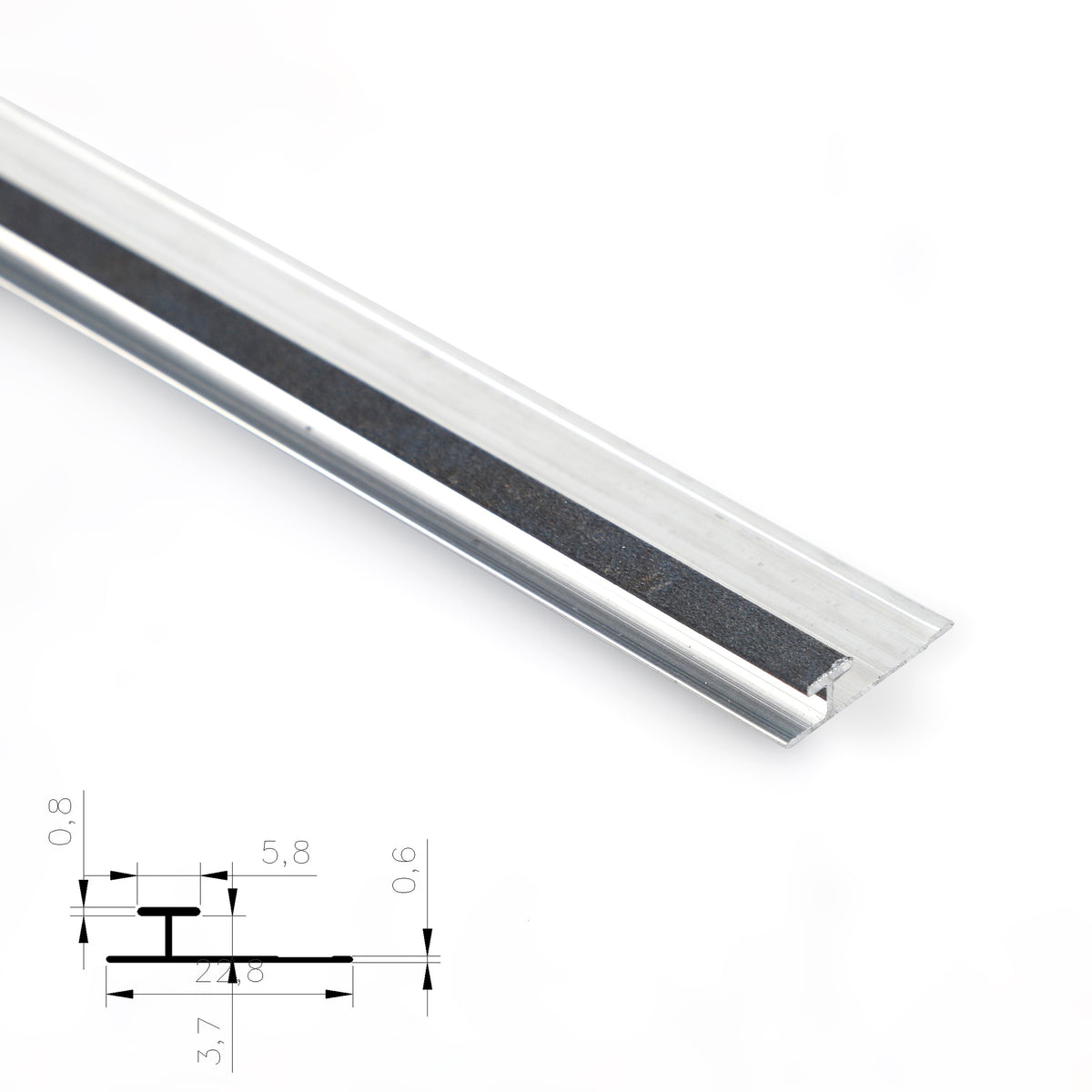 Silver aluminum H-joint trim with black center strip and cross-section diagram