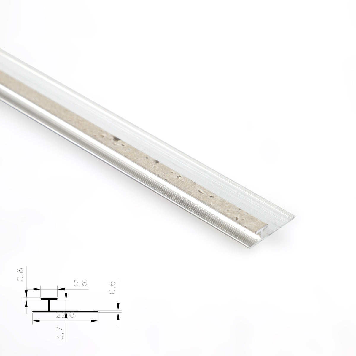 Silver aluminum H-joint trim with beige textured center strip and cross-section diagram