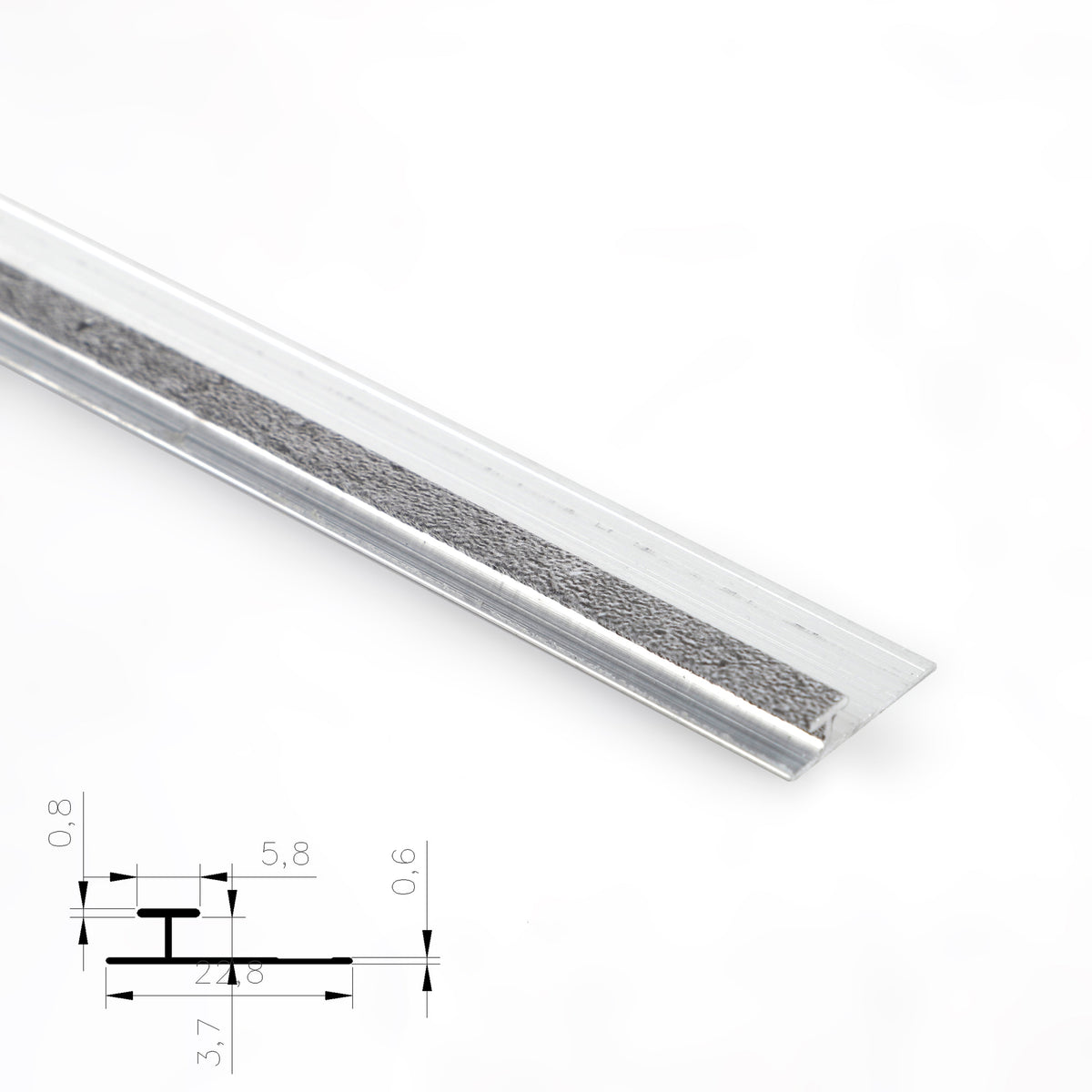 Silver aluminum H-joint trim with gray textured center strip and cross-section diagram
