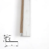 End view of light brown aluminum end cap trim showing the wood-look edge, silver flange, and dimensions