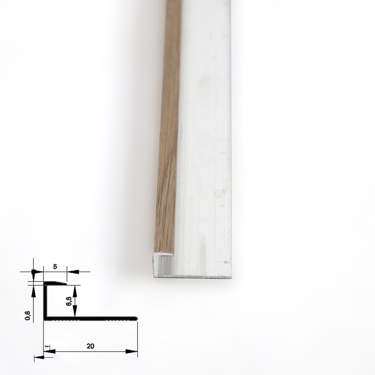 End view of light brown aluminum end cap trim showing the wood-look edge, silver flange, and dimensions