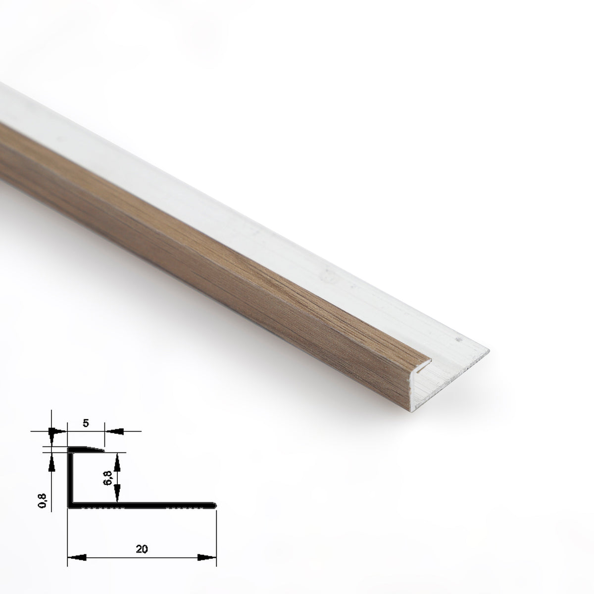 Close-up of light brown 6.3mm aluminum end cap trim with matching wood-look finish and dimensions