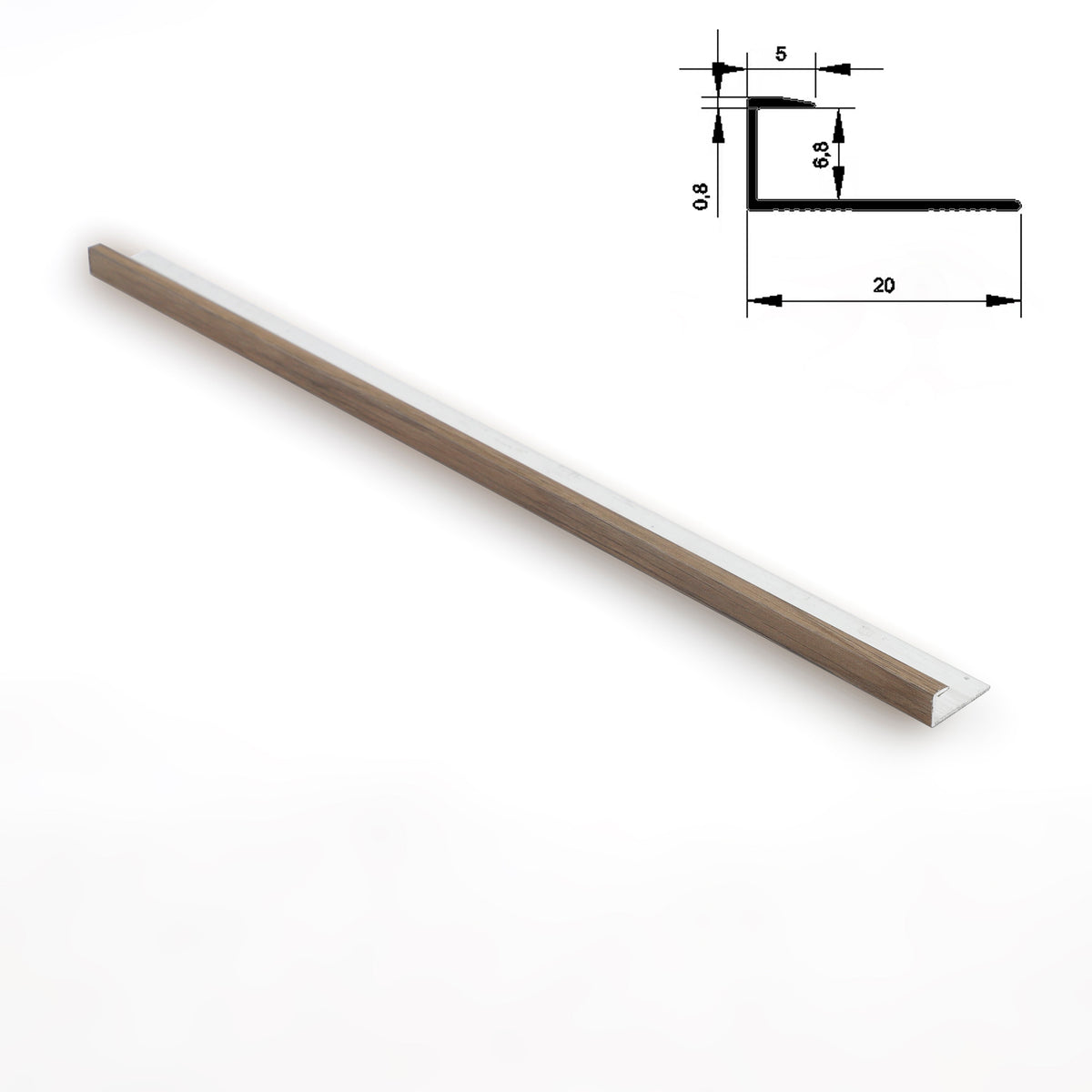 Full-length light brown 6.3mm aluminum end cap trim with matching wood-look finish and profile diagram