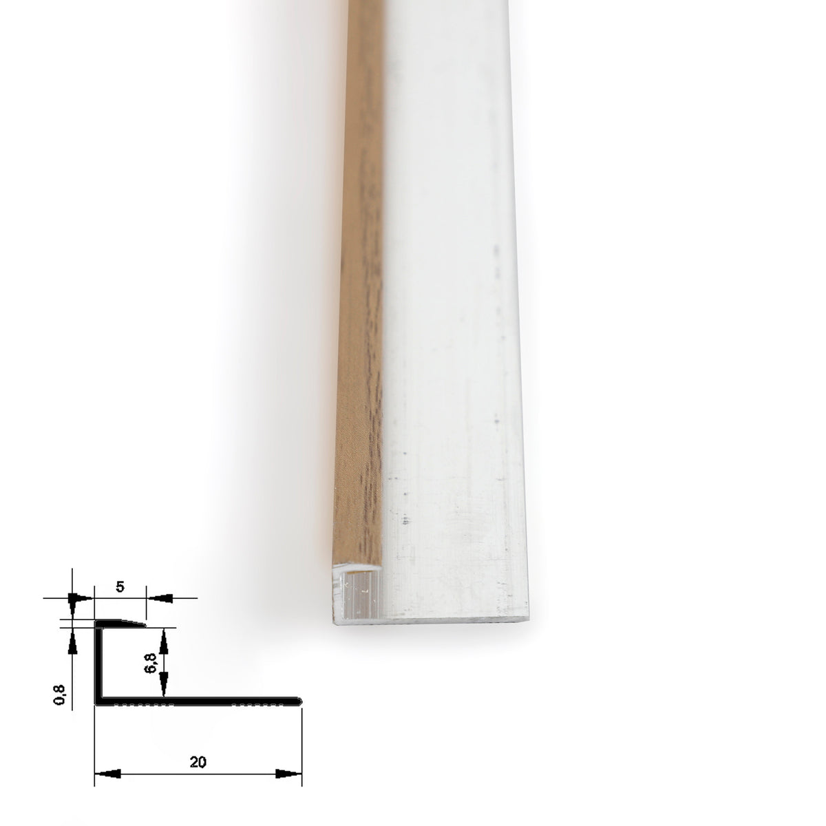 End view of medium brown aluminum end cap trim with silver mounting flange and profile dimensions