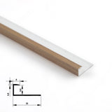Close-up of medium brown 6.3mm aluminum end cap trim with wood-look grain and profile diagram