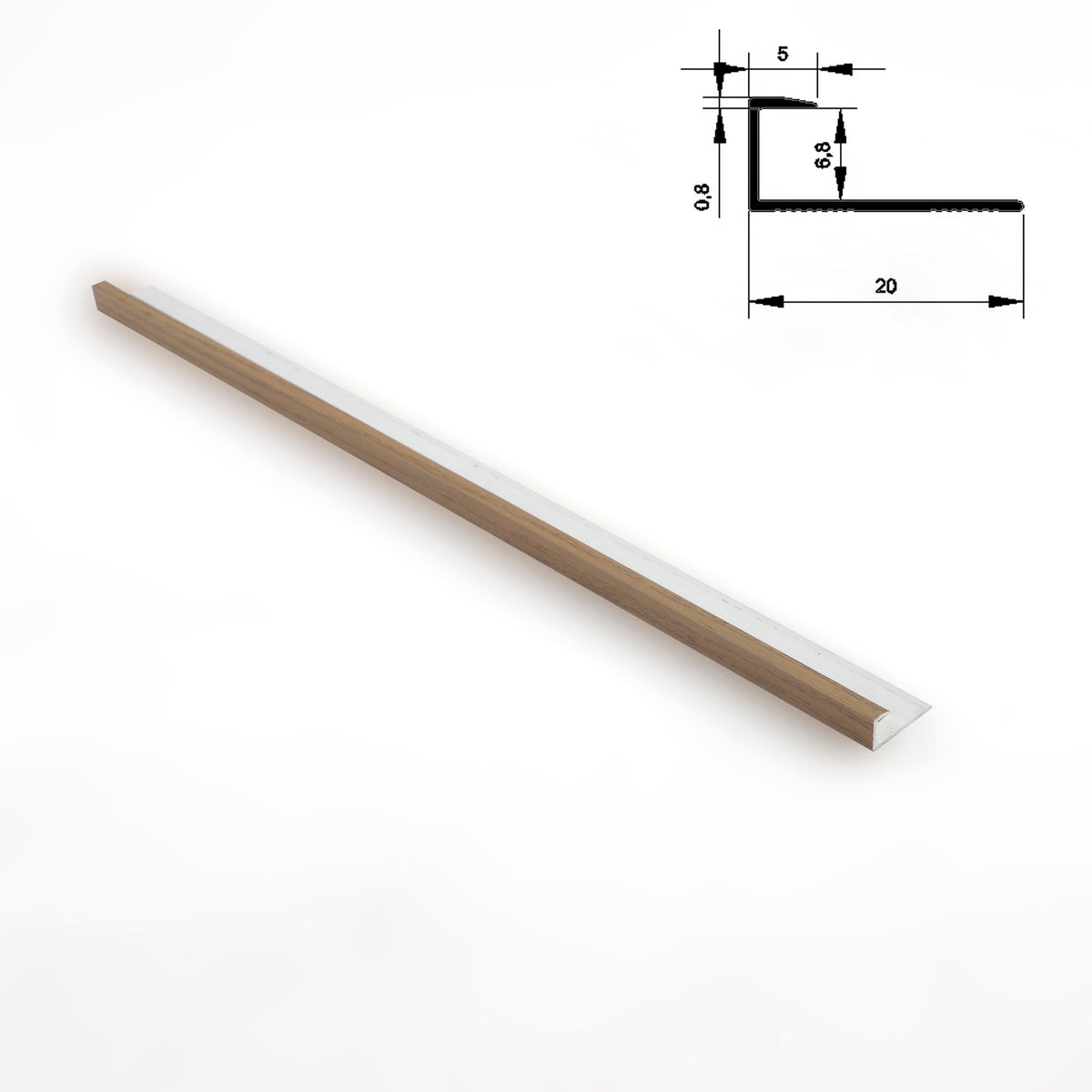 Full-length medium brown 6.3mm aluminum end cap trim for wood veneer wall panels with profile diagram