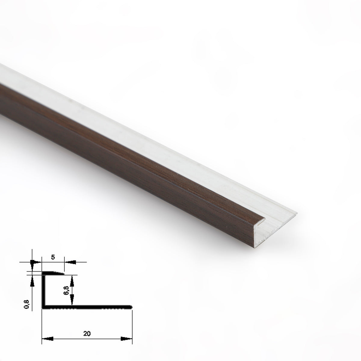 Close-up of dark brown 6.3mm aluminum end cap trim with silver flange and profile dimensions