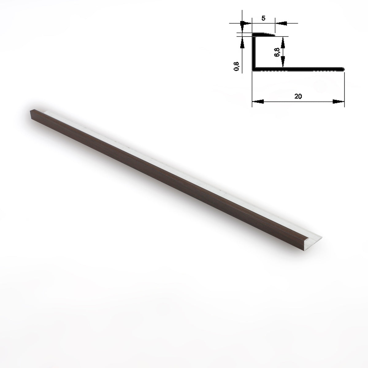 Full-length dark brown 6.3mm aluminum end cap trim with technical profile diagram