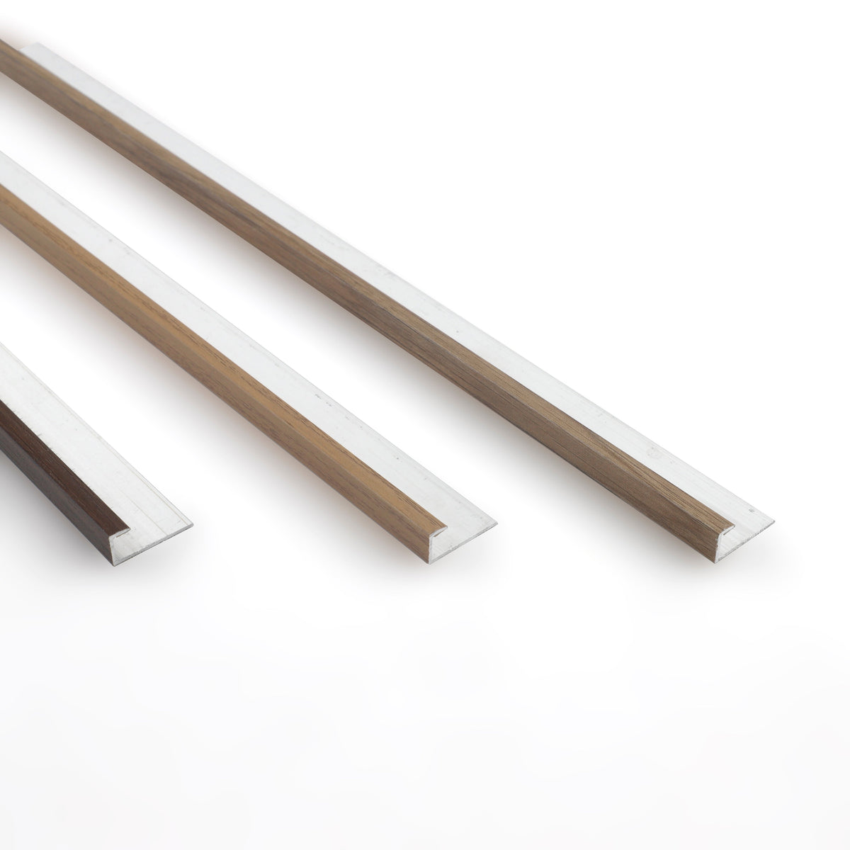 Three 6.3mm aluminum end cap trims for wood veneer wall panels in dark, medium, and light brown matching finishes