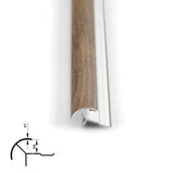 Close-up of medium brown 6.3mm aluminum outside corner trim showing the curved face and silver base