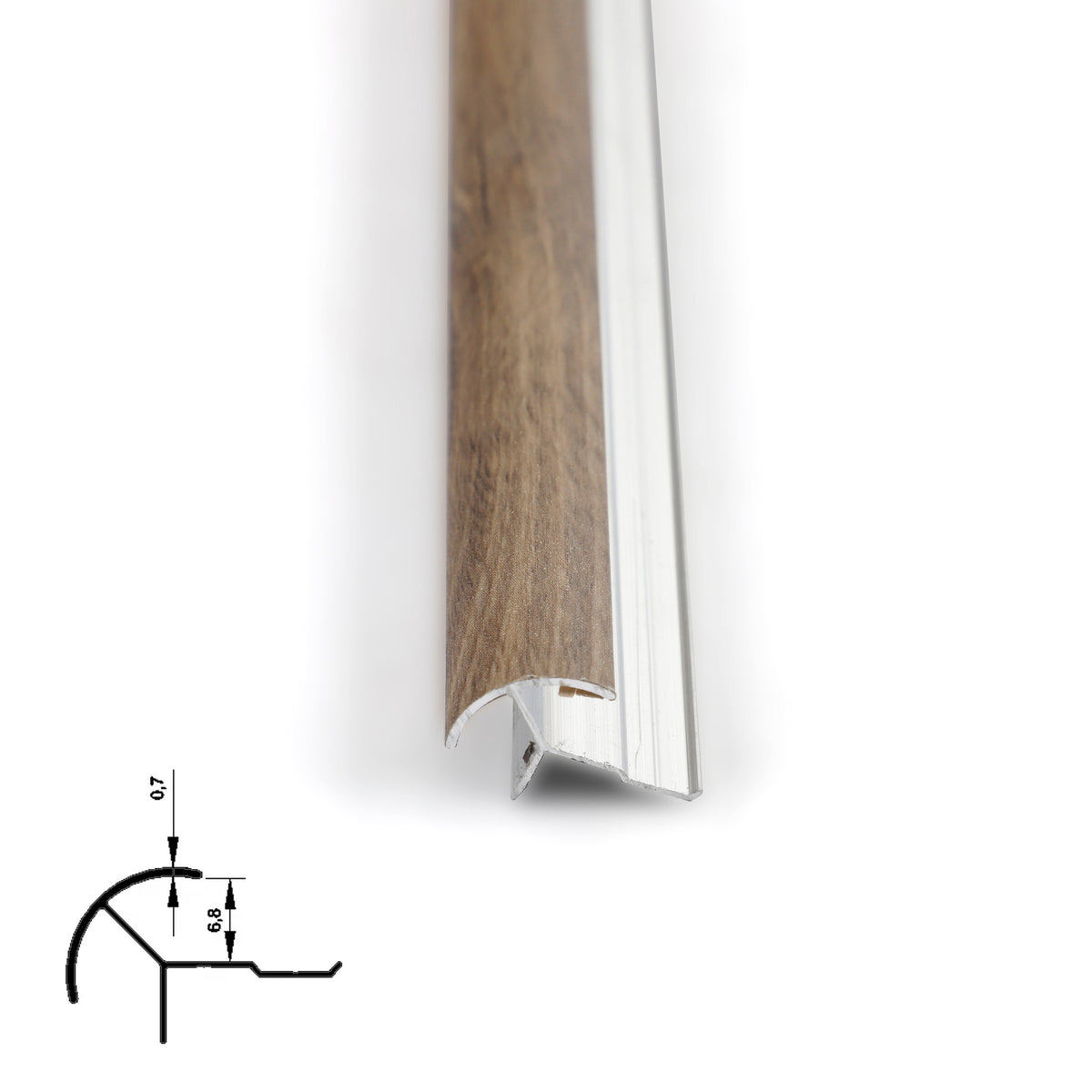 Close-up of medium brown 6.3mm aluminum outside corner trim showing the curved face and silver base