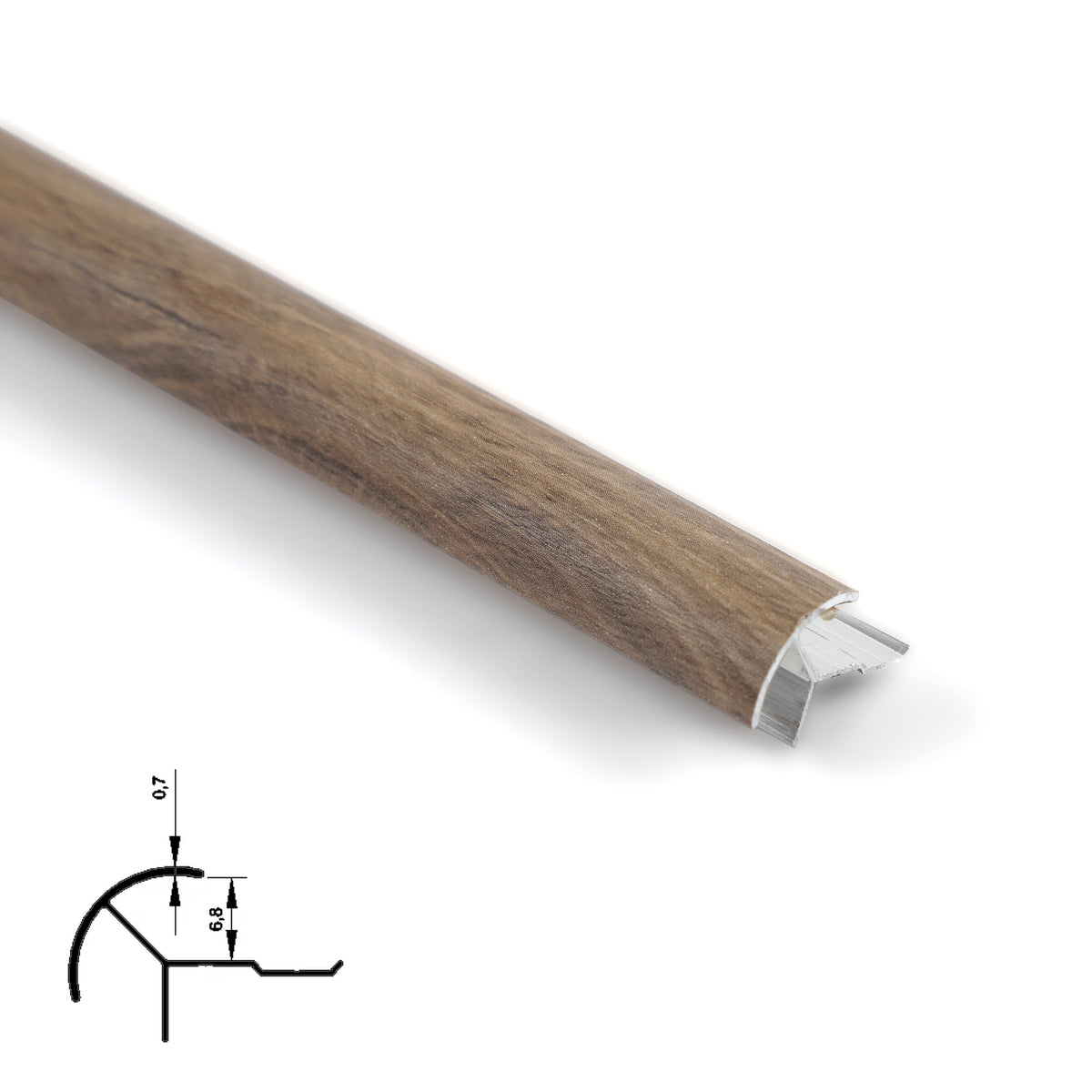 Medium brown wood-grain aluminum outside corner trim with curved face and profile diagram