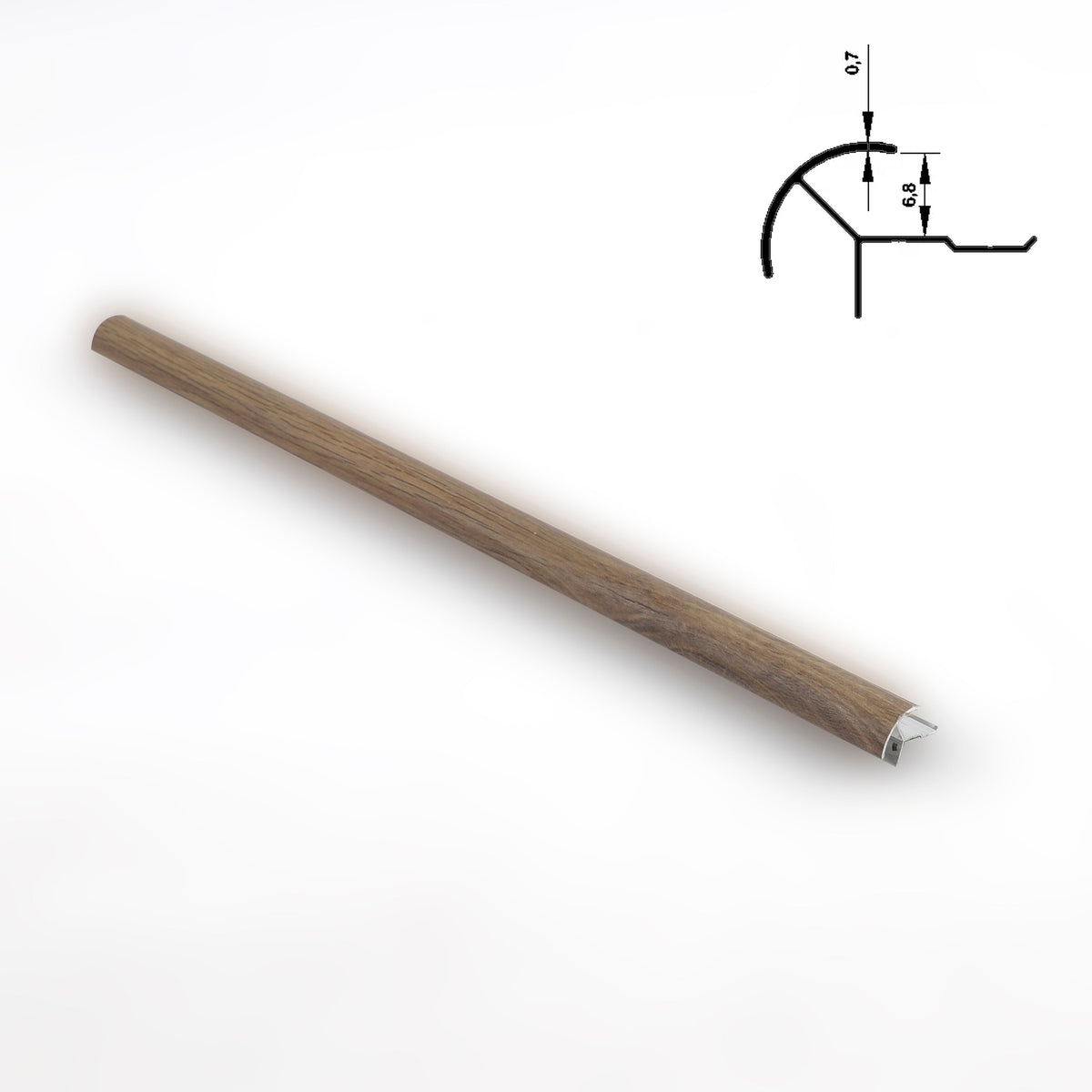 Full-length medium brown aluminum outside corner trim with wood-grain finish and cross-section diagram