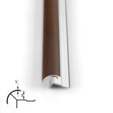 Close-up of dark brown 6.3mm aluminum outside corner trim showing the curved face and silver channel