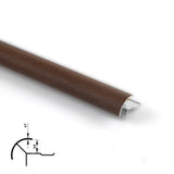 Dark brown wood-grain aluminum outside corner trim with curved face and profile diagram