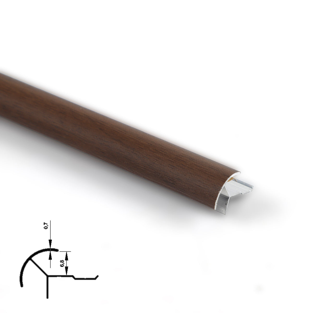Dark brown wood-grain aluminum outside corner trim with curved face and profile diagram