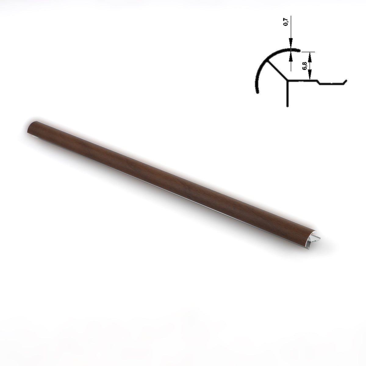Full-length dark brown aluminum outside corner trim with wood-grain finish and cross-section diagram