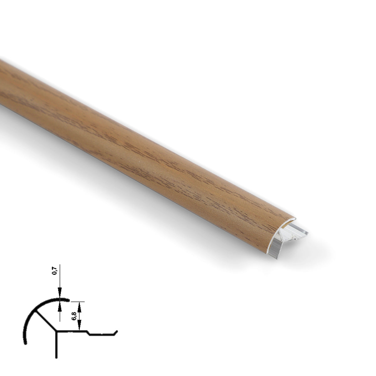 Light brown wood-grain aluminum outside corner trim with curved face and profile diagram