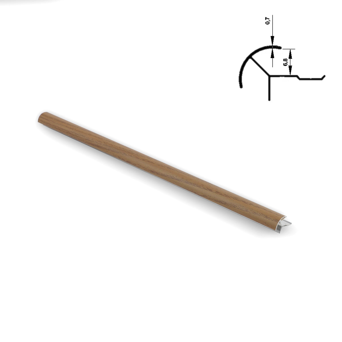Full-length light brown aluminum outside corner trim with wood-grain finish and cross-section diagram