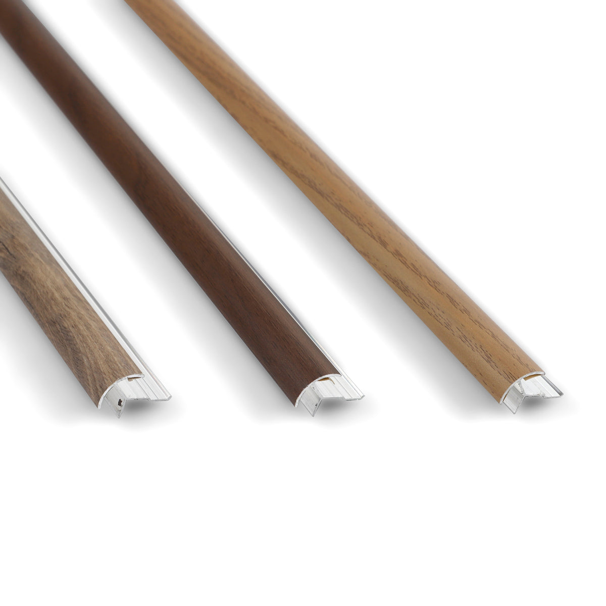 Three 6.3mm aluminum outside corner trims in light, medium and dark brown wood-grain finishes
