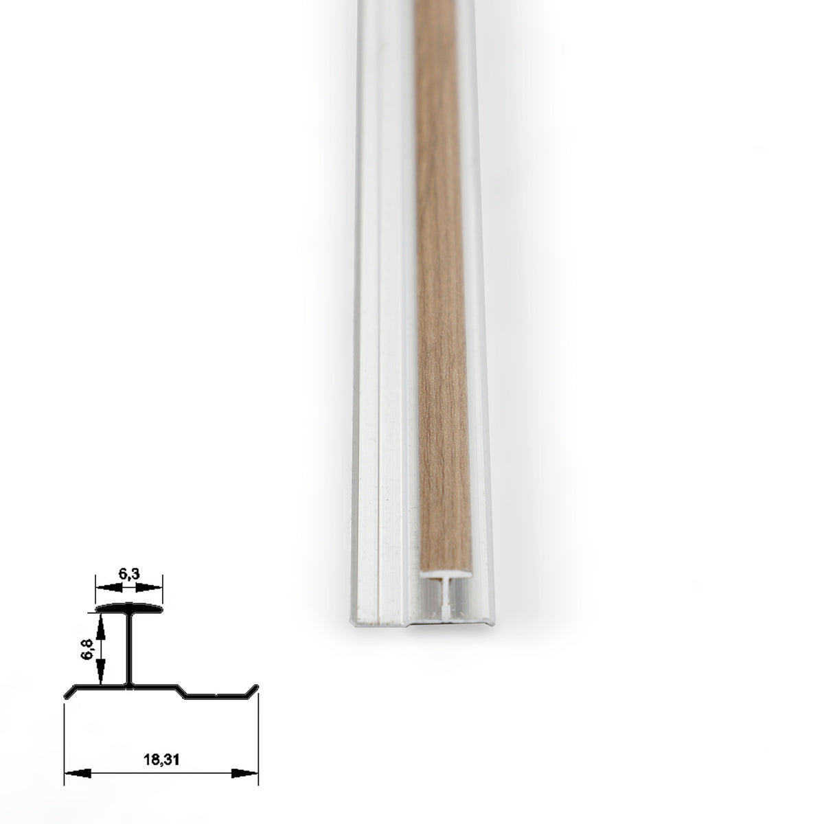Top view of light wood-grain 6.3mm aluminum H-joint trim with dimensional profile diagram