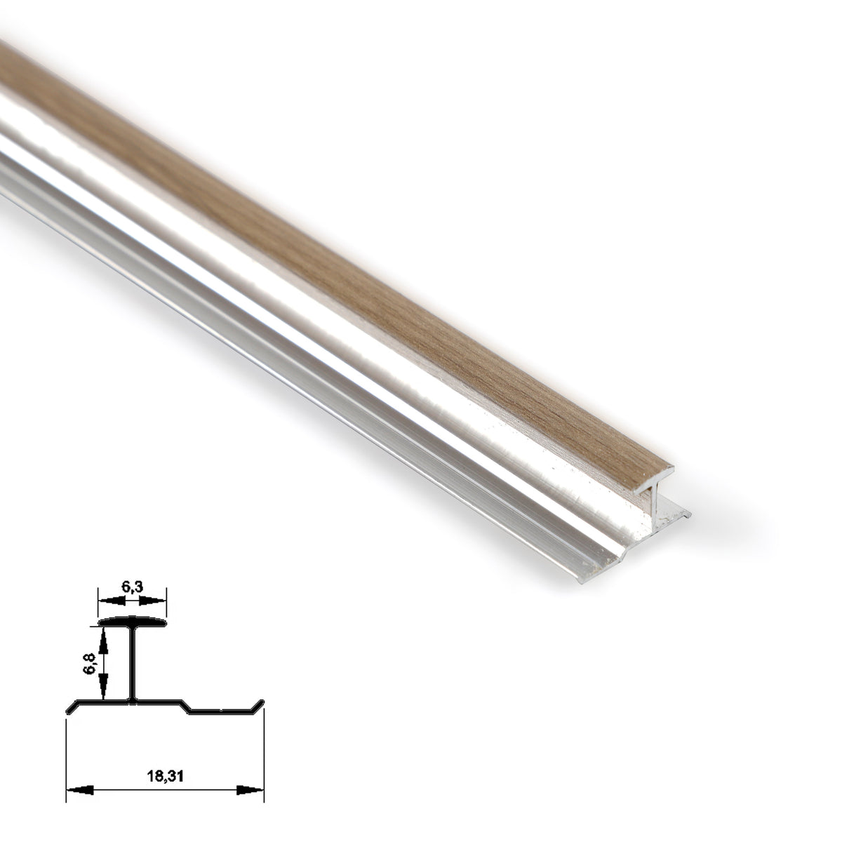 Angled detail of light wood-grain aluminum H-joint connection trim with silver base profile