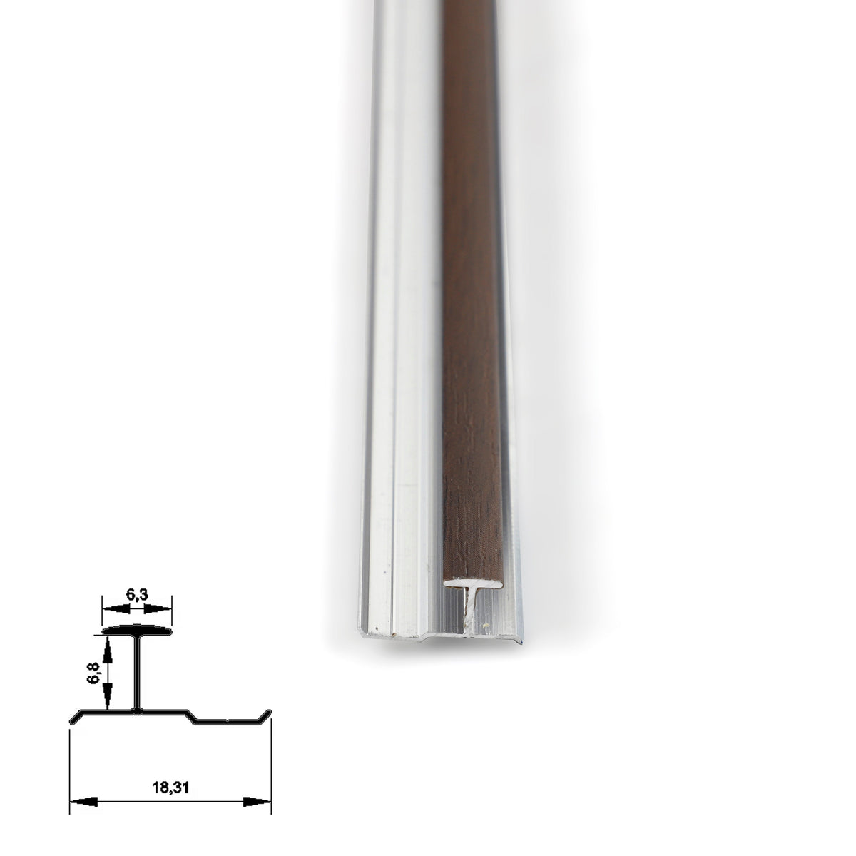 End view of dark wood-grain aluminum H-joint trim showing the raised top and silver base profile