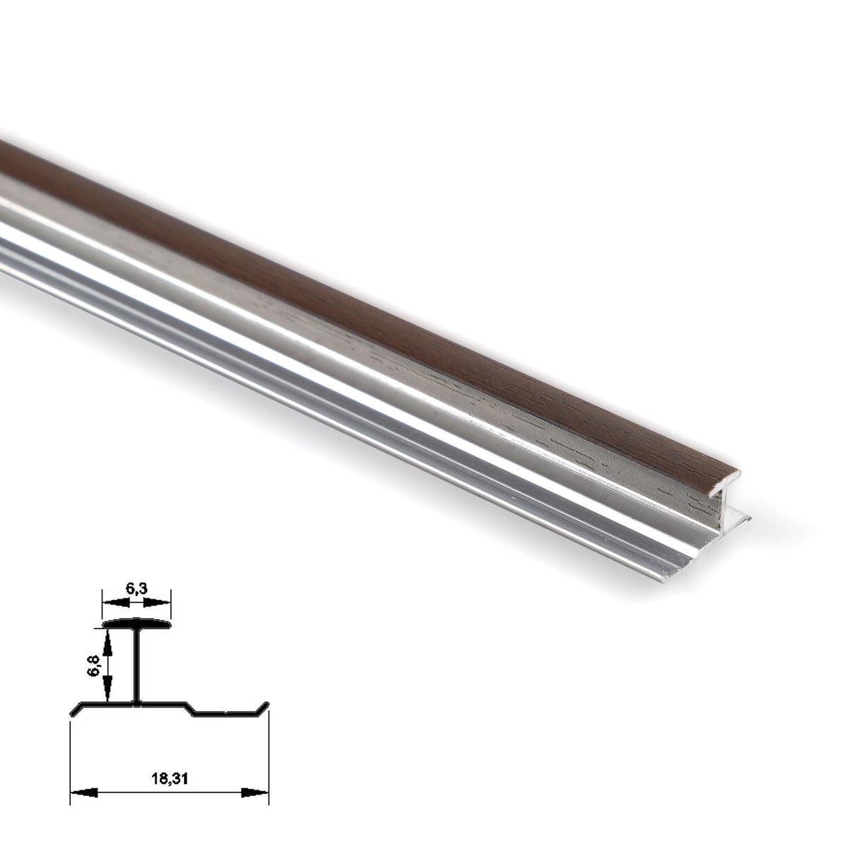 Dark wood-grain 6.3mm aluminum H-joint trim in angled close-up with profile diagram