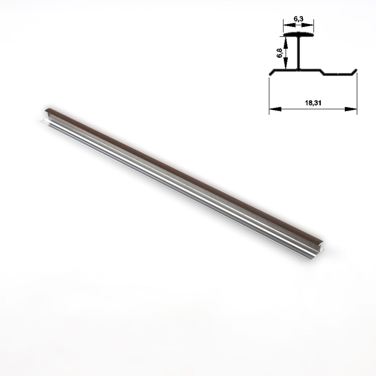 Full-length dark wood-grain aluminum H-joint connection trim with cross-section dimensions