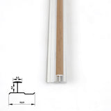 End detail of light wood-grain aluminum H-joint trim showing its raised center and silver base