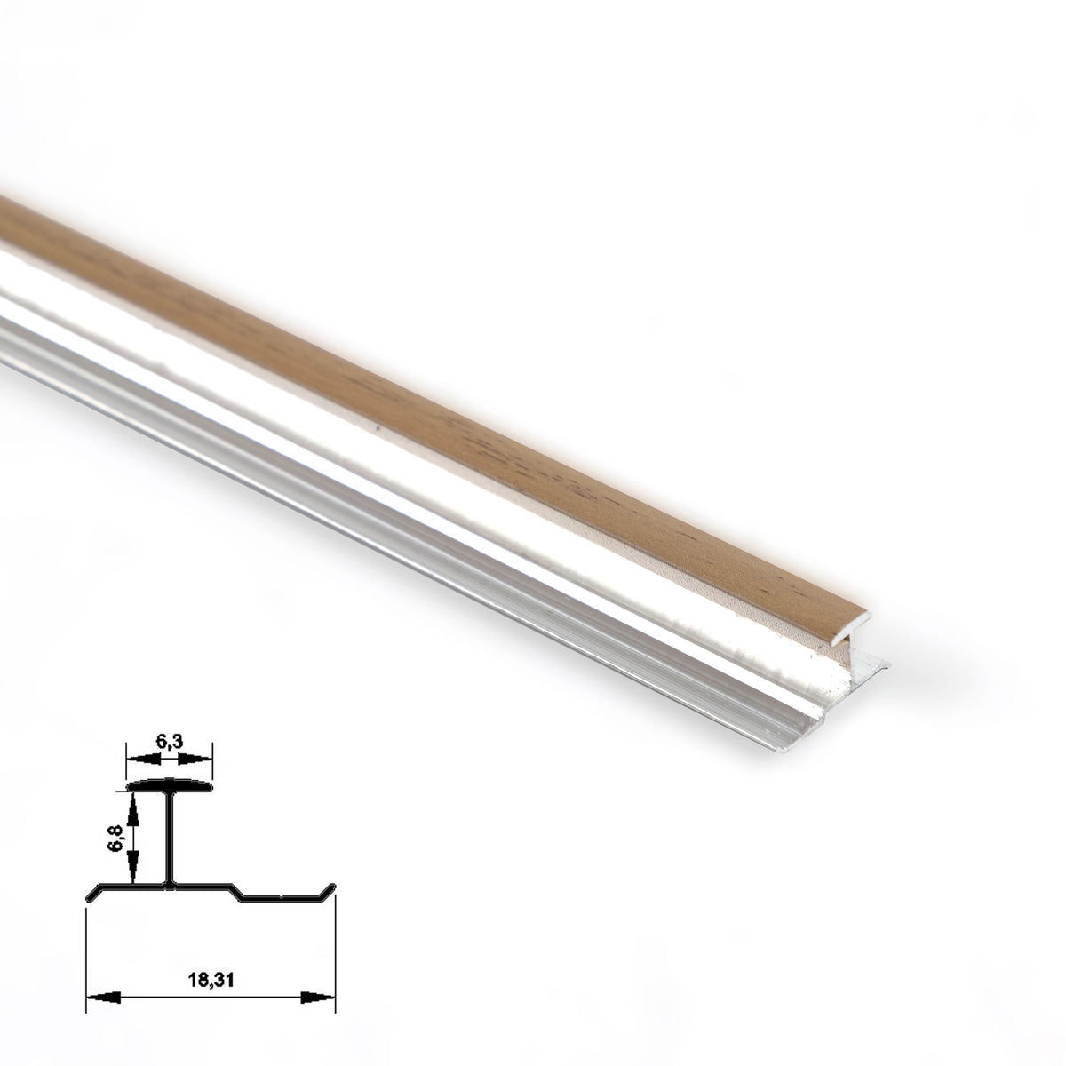 Light wood-grain 6.3mm aluminum H-joint trim in angled close-up with profile diagram