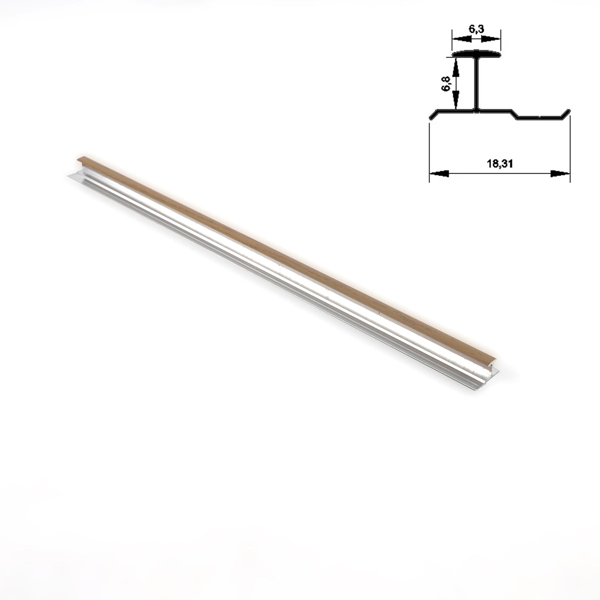 Full-length light wood-grain aluminum H-joint connection trim with cross-section dimensions