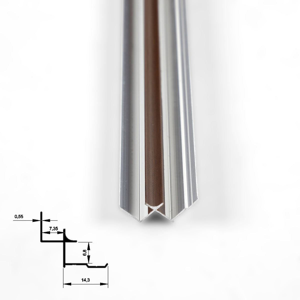 End view of dark brown 6.3mm aluminum inside corner trim showing the channel profile and dimensions