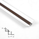 Close-up of dark brown wood-grain aluminum inside corner trim with silver edges and profile diagram