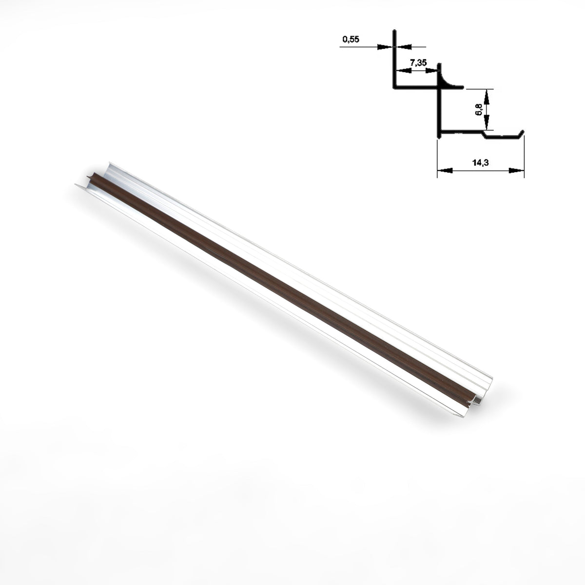 Full-length dark brown aluminum inside corner trim for wood veneer wall panels with profile diagram