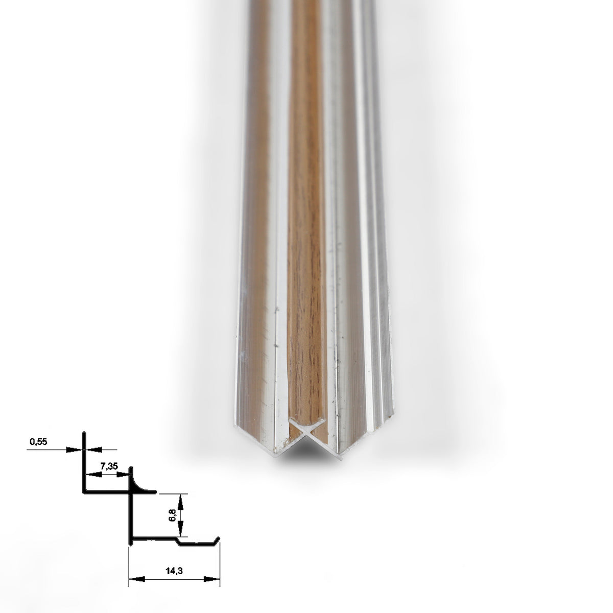 End view of medium brown 6.3mm aluminum inside corner trim showing its angled channel and dimensions