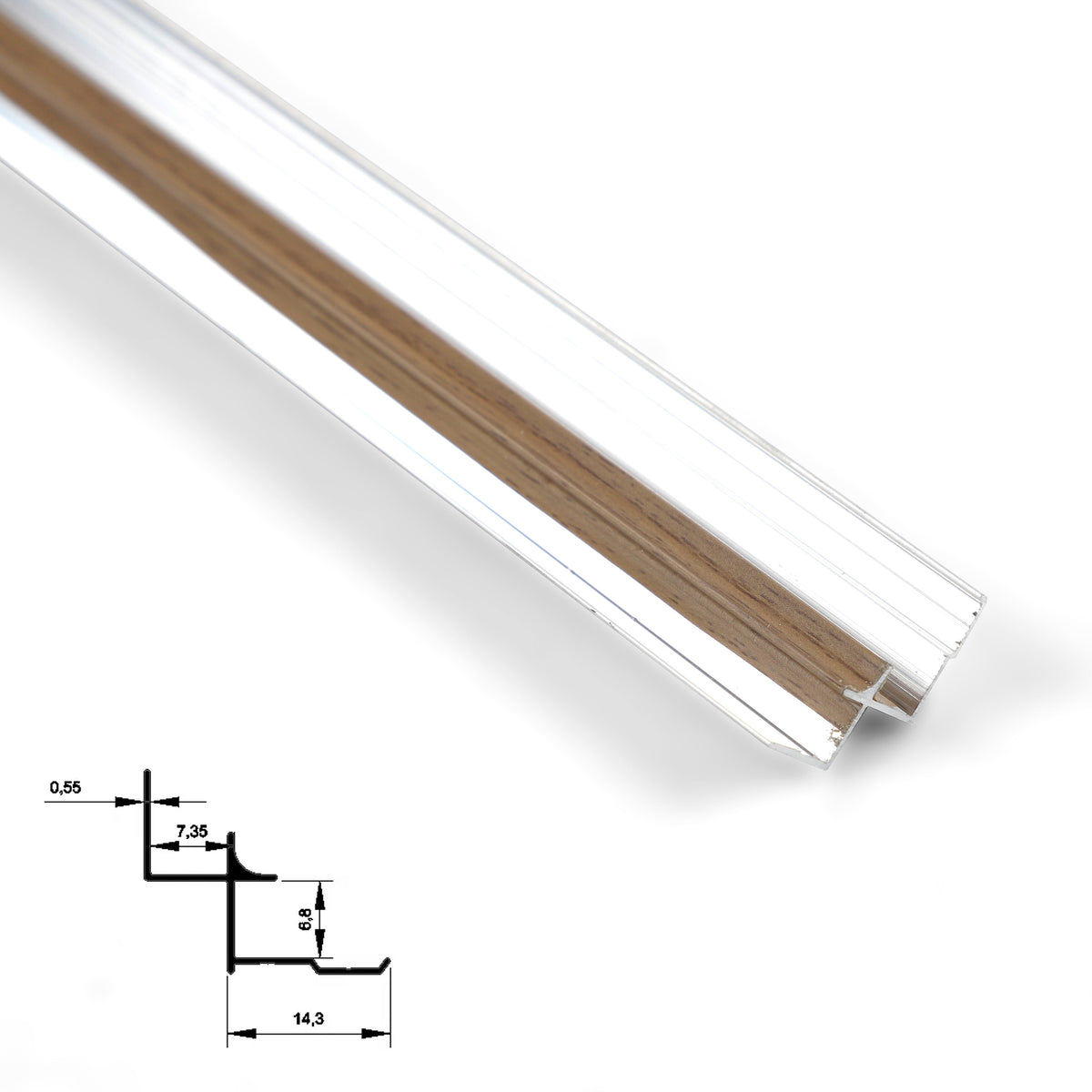 Close-up of medium brown wood-grain aluminum inside corner trim with silver edges and profile diagram
