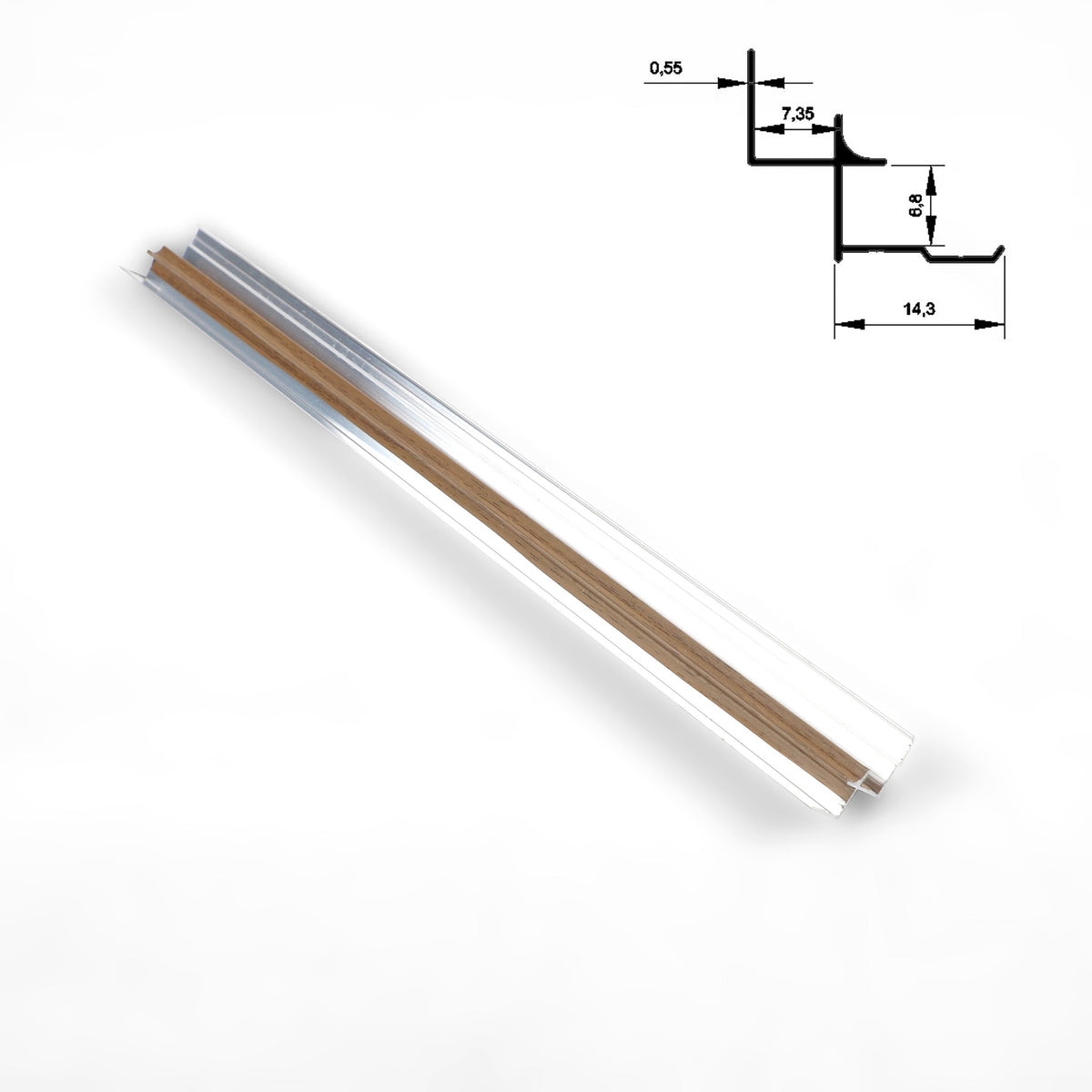 Full-length medium brown aluminum inside corner trim for wood veneer wall panels with profile diagram