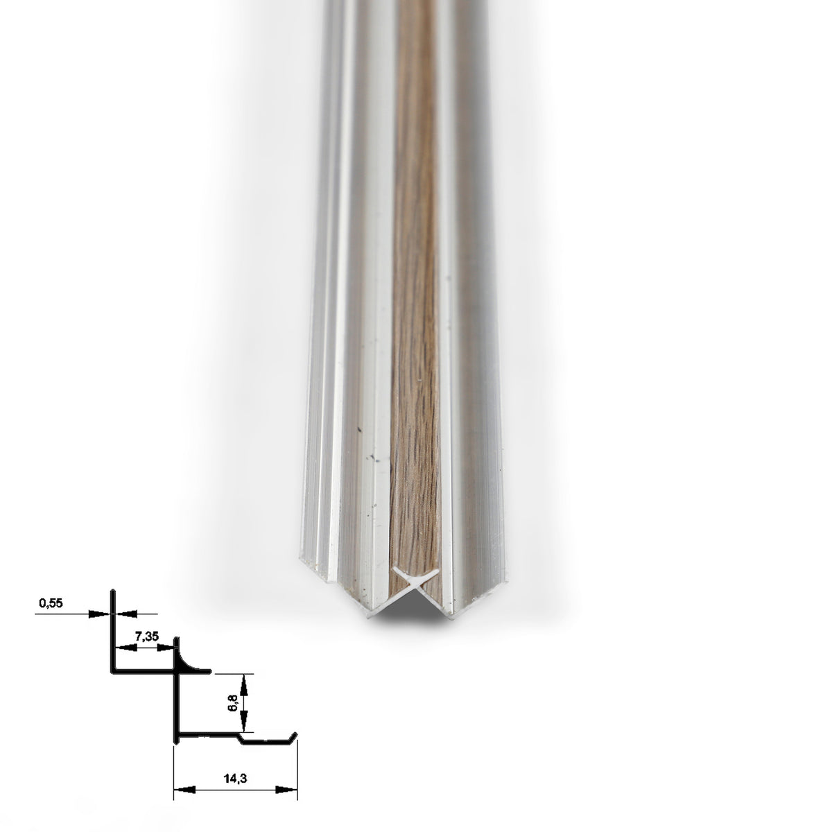 End view of taupe-brown 6.3mm aluminum inside corner trim showing the channel profile and dimensions