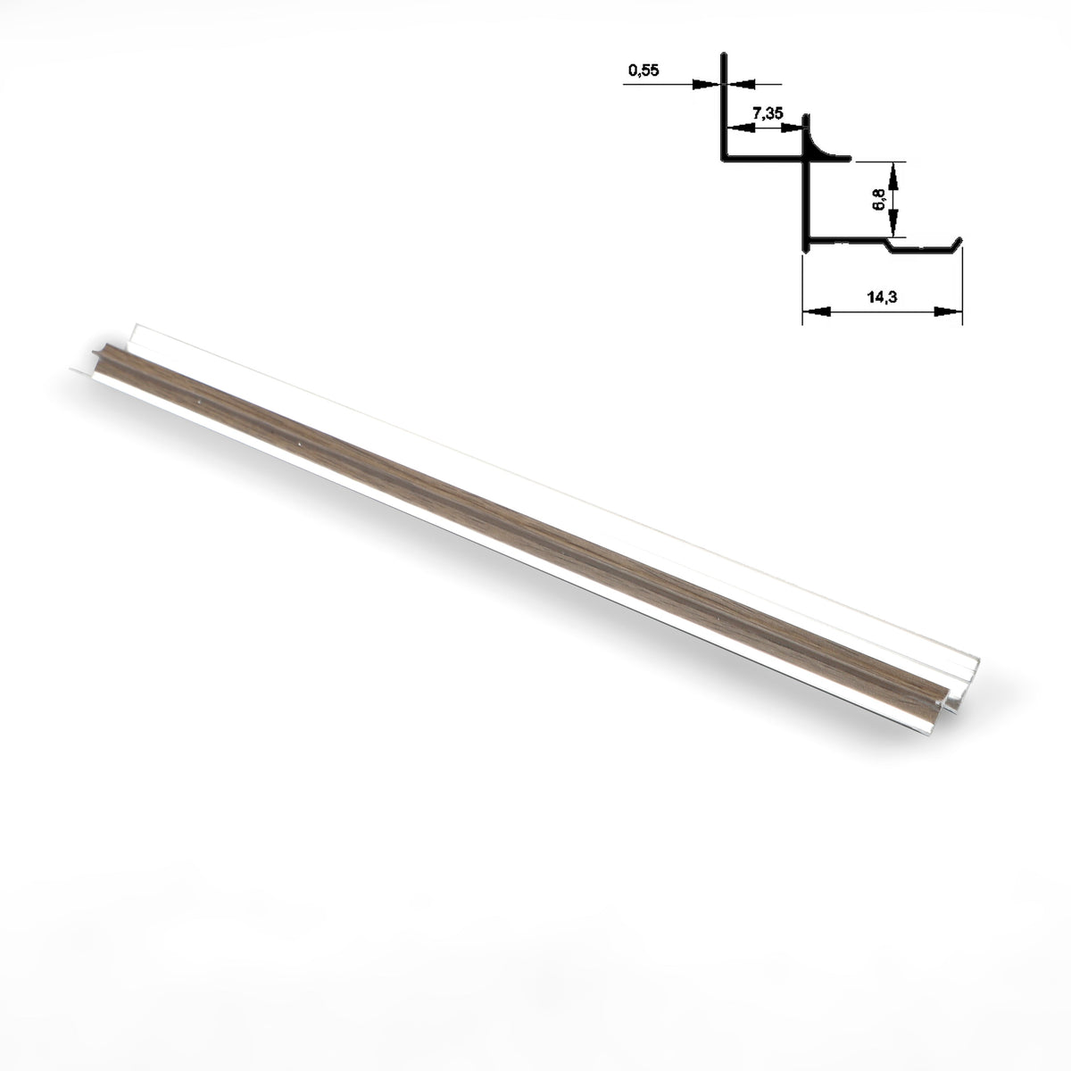 Full-length taupe-brown aluminum inside corner trim for wood veneer wall panels with profile diagram