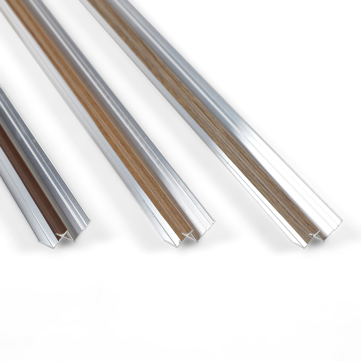 Three 6.3mm aluminum inside corner trims with silver edges and varied brown wood-grain finishes
