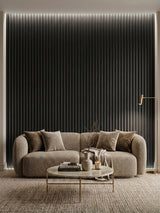 Dark Smoky Oak fluted feature wall behind a curved beige sofa in a contemporary living room