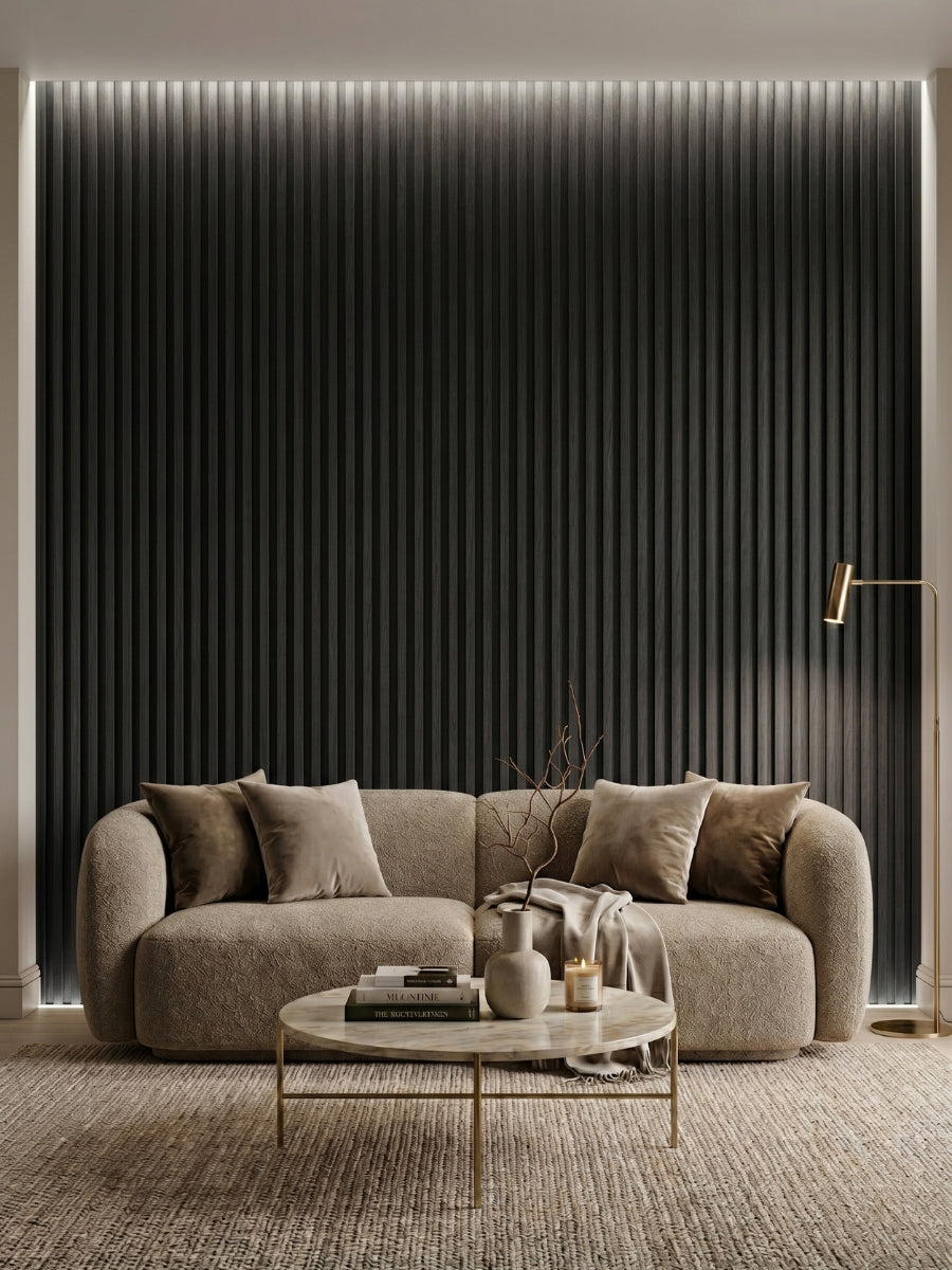 Dark Smoky Oak fluted feature wall behind a curved beige sofa in a contemporary living room