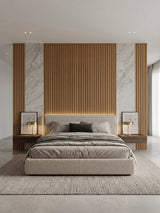 Maple Slate fluted wall panels paired with marble-look sections on a bedroom accent wall